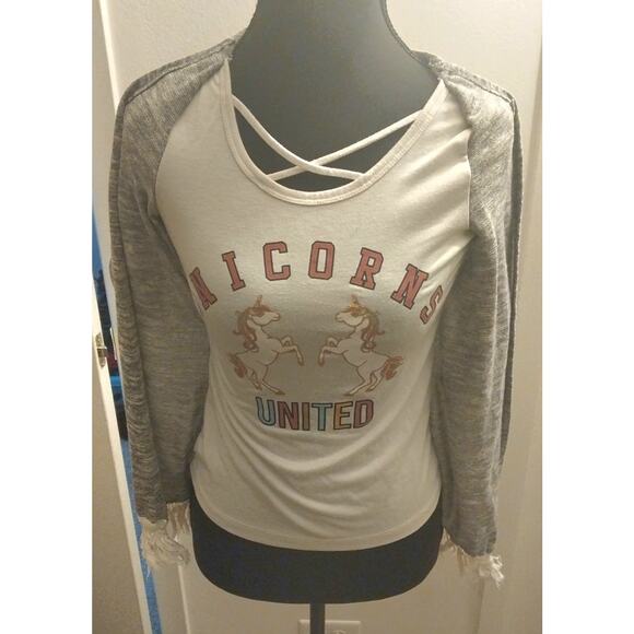 Jenna & Jessie “Unicorns United” White Shirt W/ A Built-In Gray Cardigan Size 8 - Picture 1 of 8